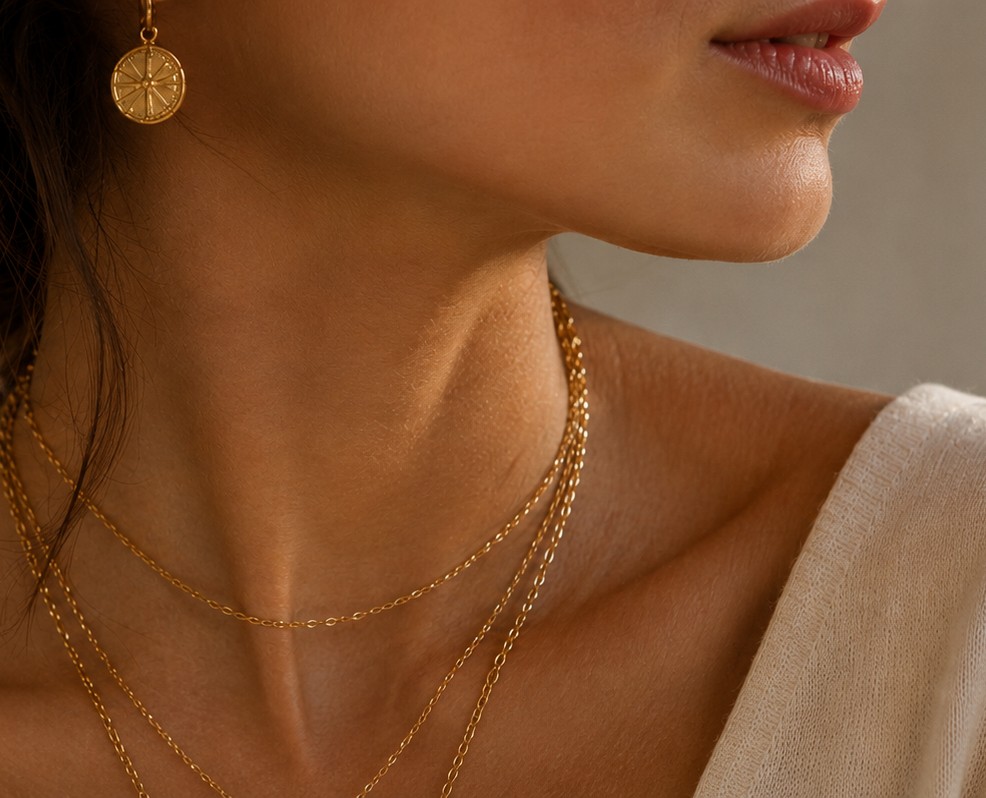LORÉVA — model wearing layered gold jewelry in warm natural light