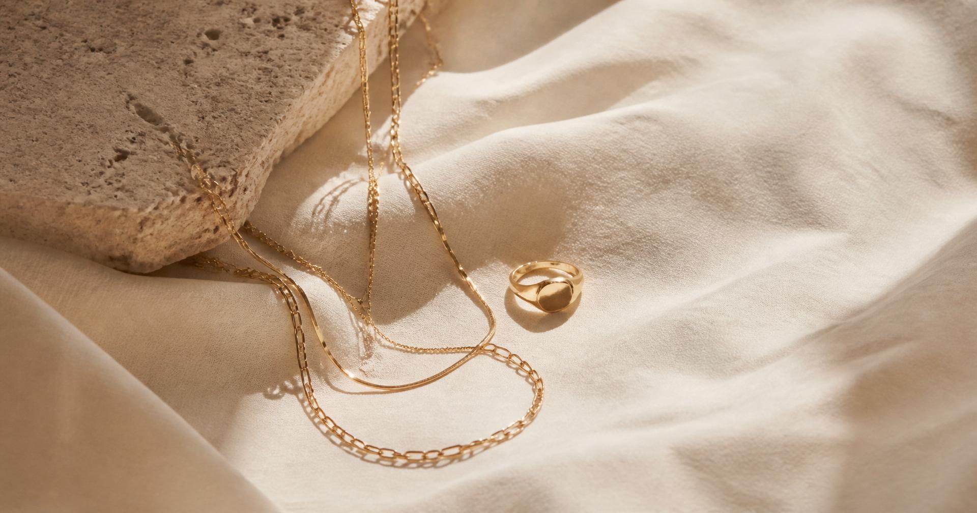 Delicate LOREVA gold chains and a signet ring resting on warm linen