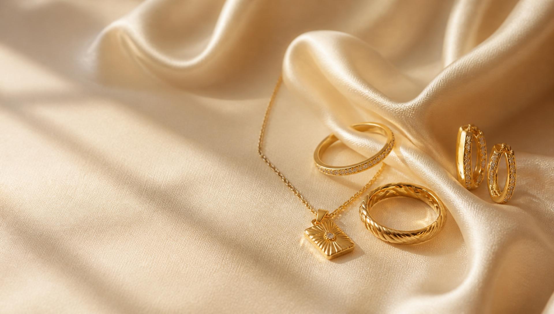Delicate gold necklace resting on cream silk in warm directional light